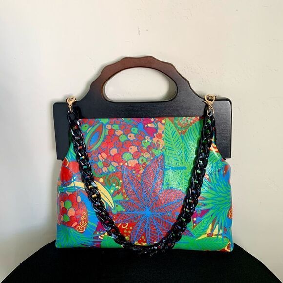 Genuine Leather Fruit Printed Gradient Color Wood Handle bag & 2 Chain Styles - Picture 1 of 16